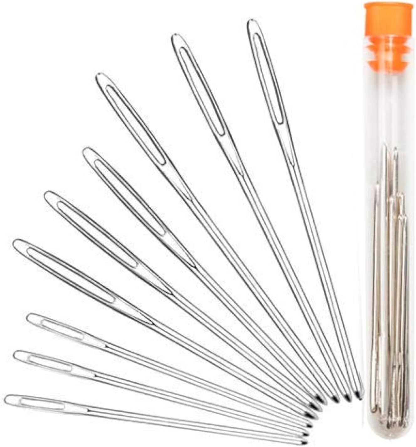 Set of large-eye blunt sewing needles of various sizes, with some stored in a clear plastic tube with an orange cap