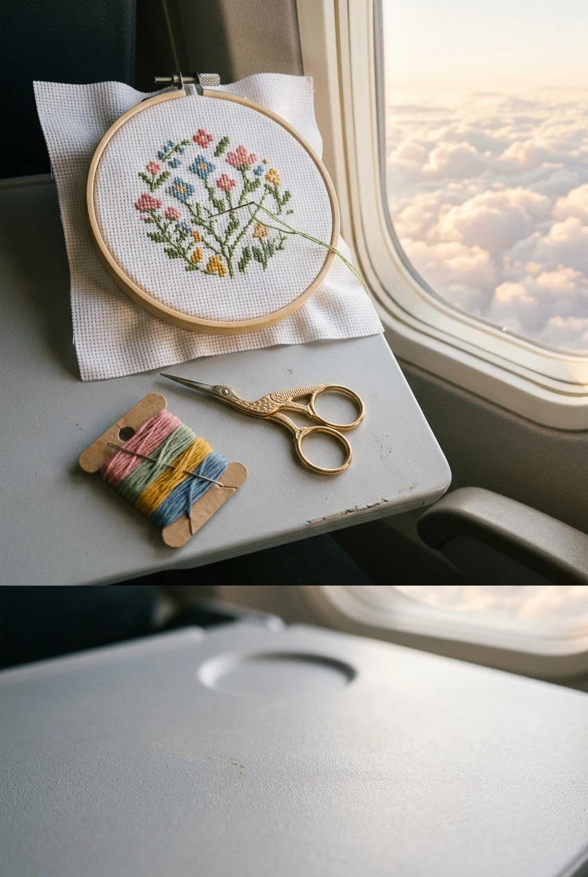 Cross stitch hoop and scissors on an airplane tray table, taking cross stitch on a plane
