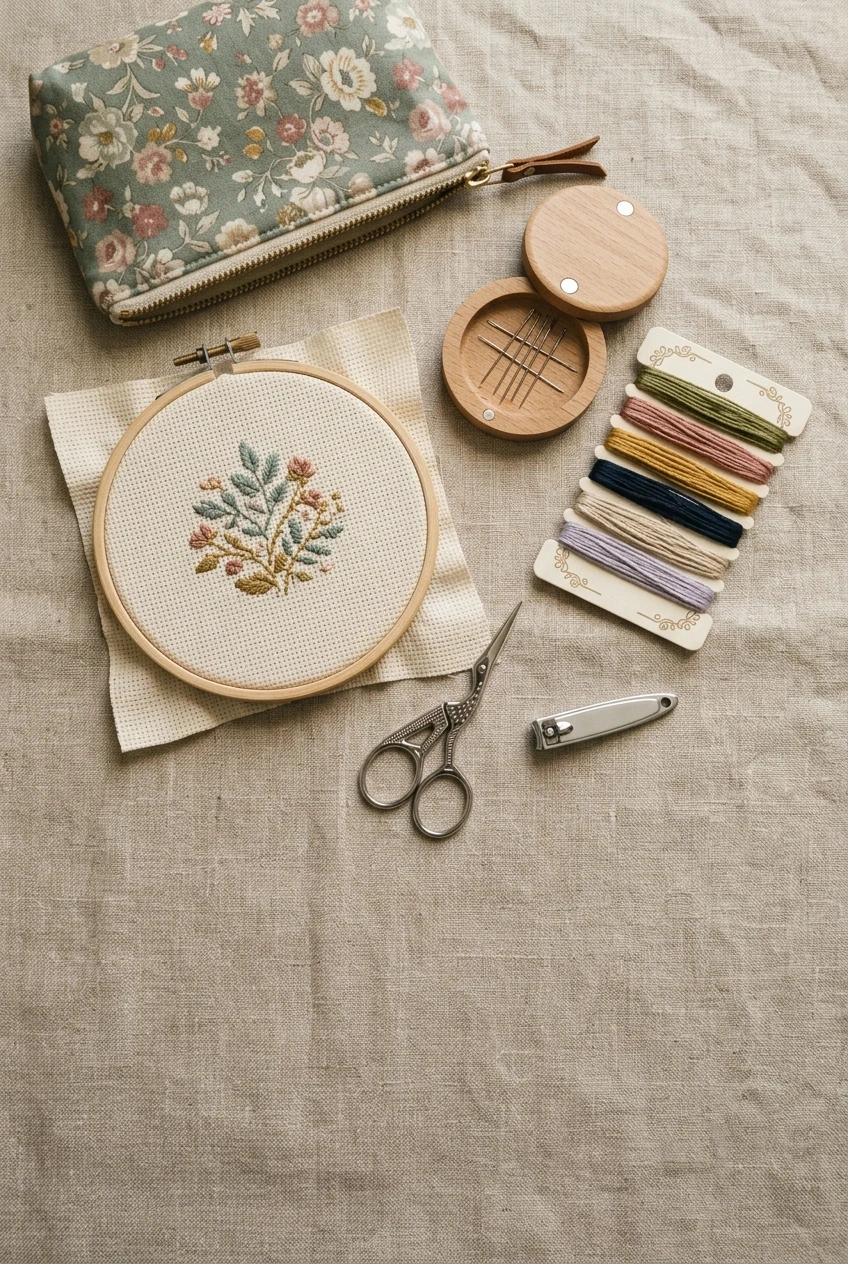 Flat lay of a compact cross stitch travel kit with hoop, needle case and nail clippers