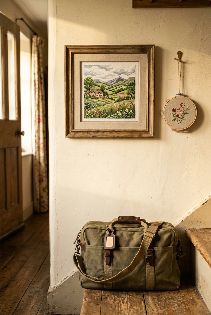 Framed finished cross stitch on a wall beside a carry-on bag after a trip home
