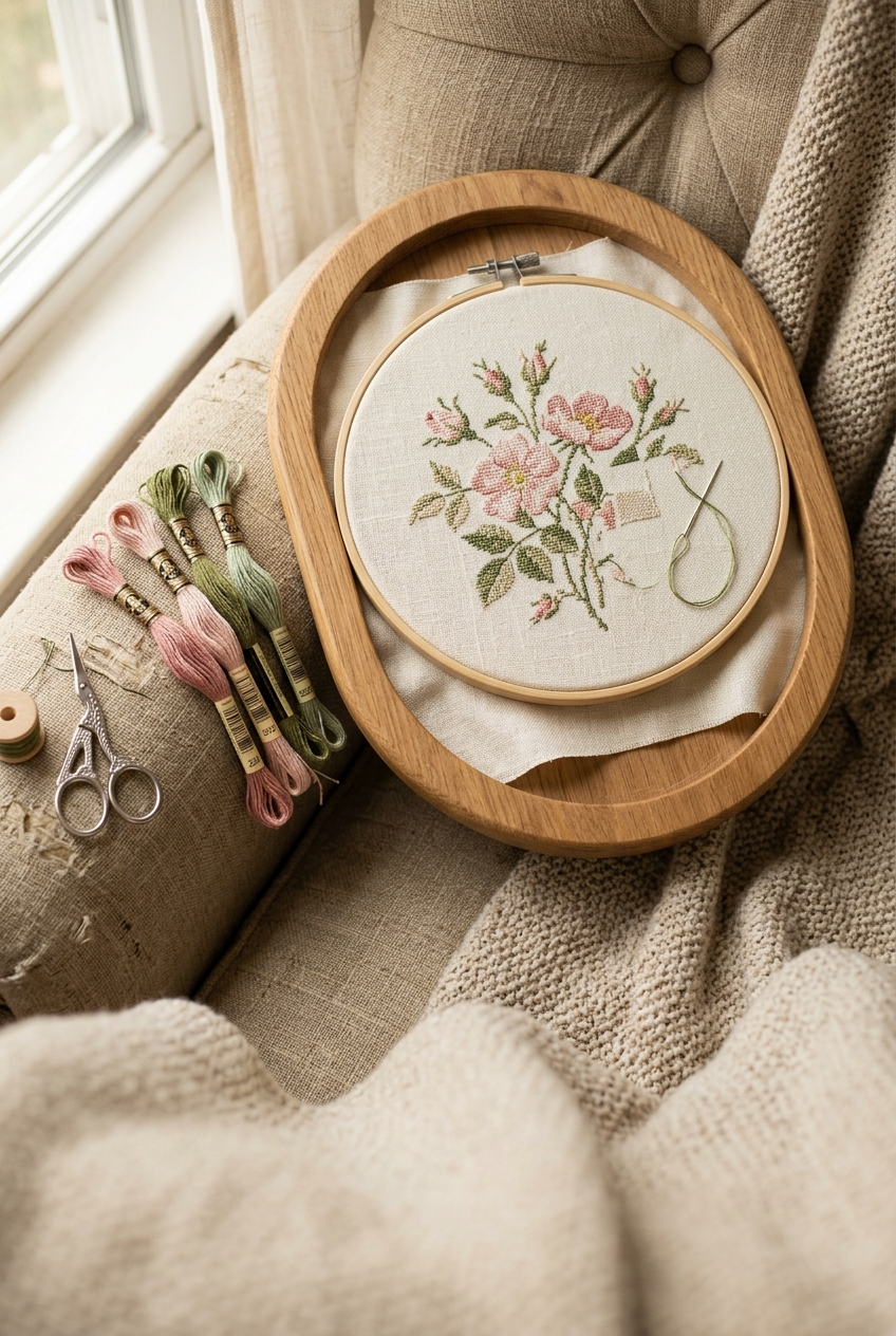 Wooden cross stitch lap frame stand holding floral needlework on cream linen in warm natural light