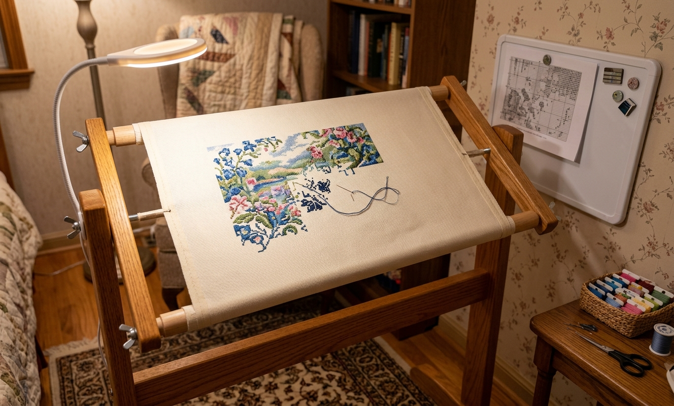 Large floor standing cross stitch frame with scroll rods in a cozy stitching corner with daylight lamp