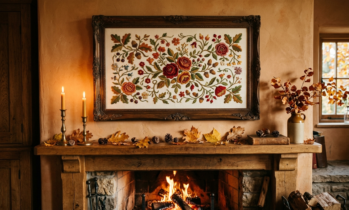 Finished needlepoint tapestry with floral design displayed above a fireplace mantle in warm heirloom setting