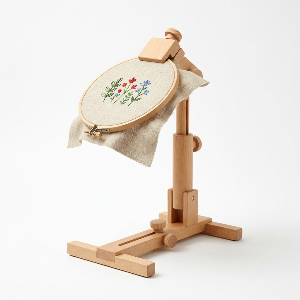 Adjustable cross stitch lap frame stand holding a small embroidery hoop on white background