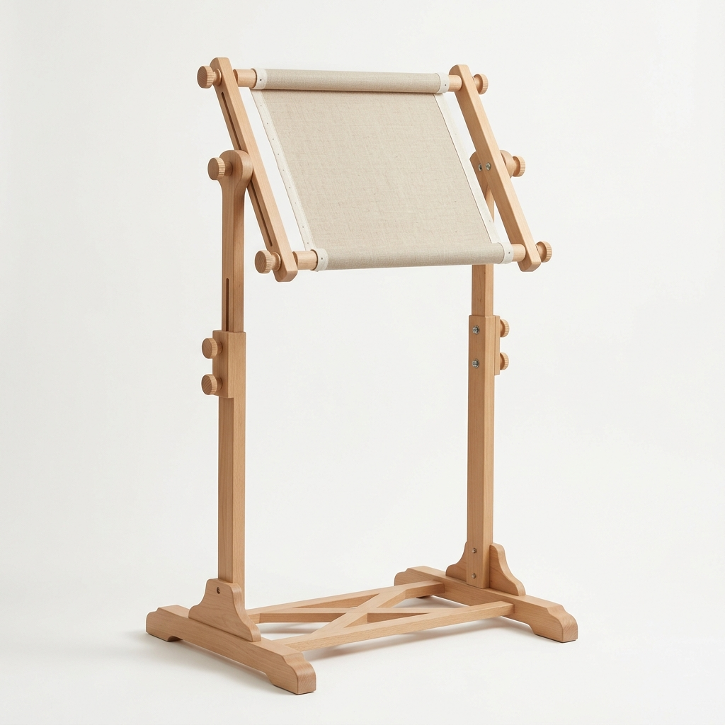 Large floor standing needlework frame with wide scroll rods and adjustable stand on white background