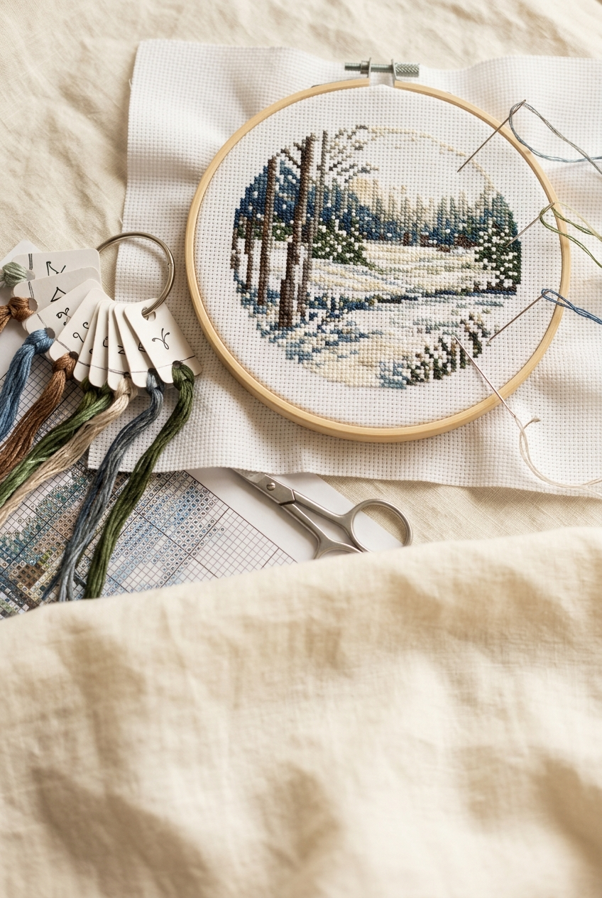 Confetti cross stitch on gridded 18-count Aida in a hoop with scattered single stitches