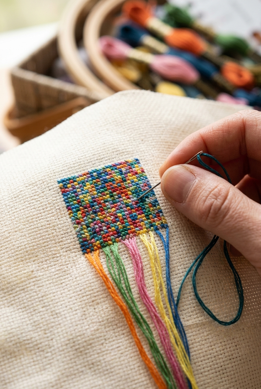 Close-up of one gridded cell filled with confetti stitches and parked threads on Aida