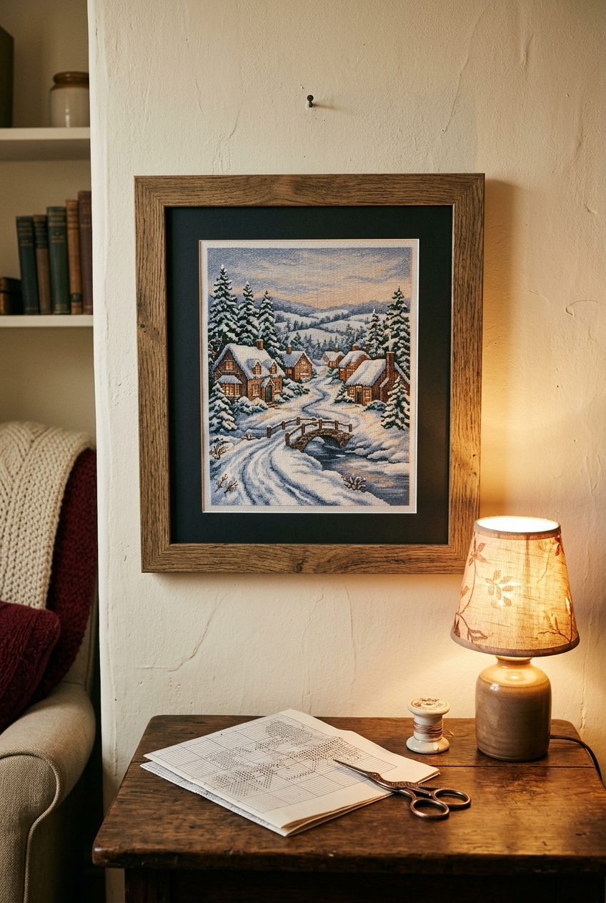 Finished fine-art cross stitch framed as wall art in a warm cottage room