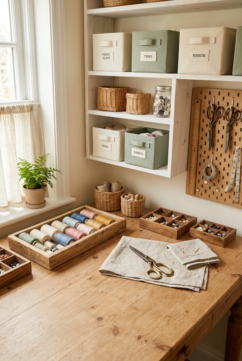 Cozy craft room corner with organized thread, wooden shelves, and pegboard storage in natural light