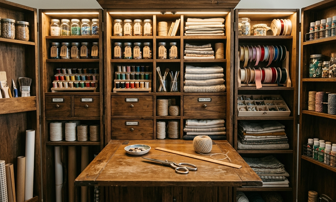 Open armoire craft cabinet with floor-to-ceiling shelves, ribbon, bins, and fold-out work table inside