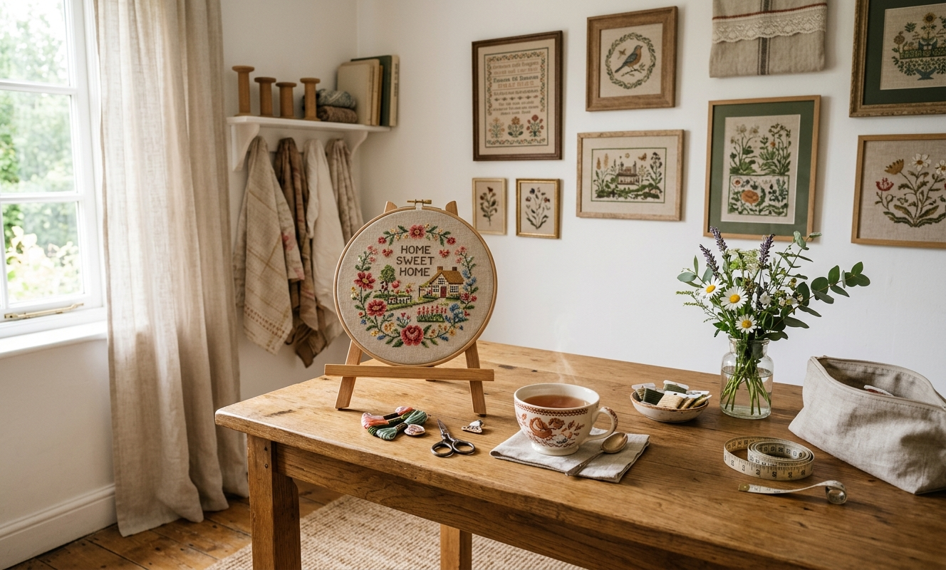 Sunlit craft room with wooden worktable, finished cross stitch on easel, framed needlework on wall