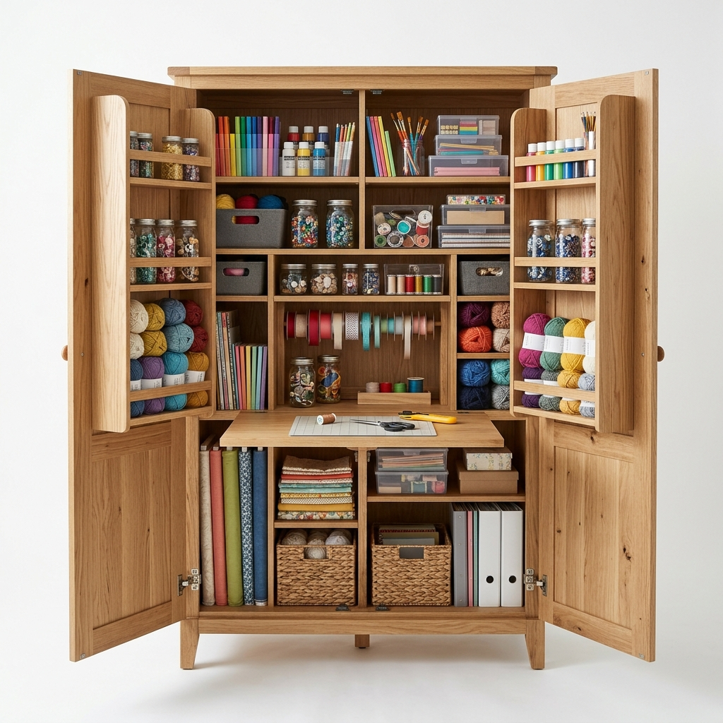 Foldout armoire craft storage cabinet open revealing interior shelves and fold-out work surface