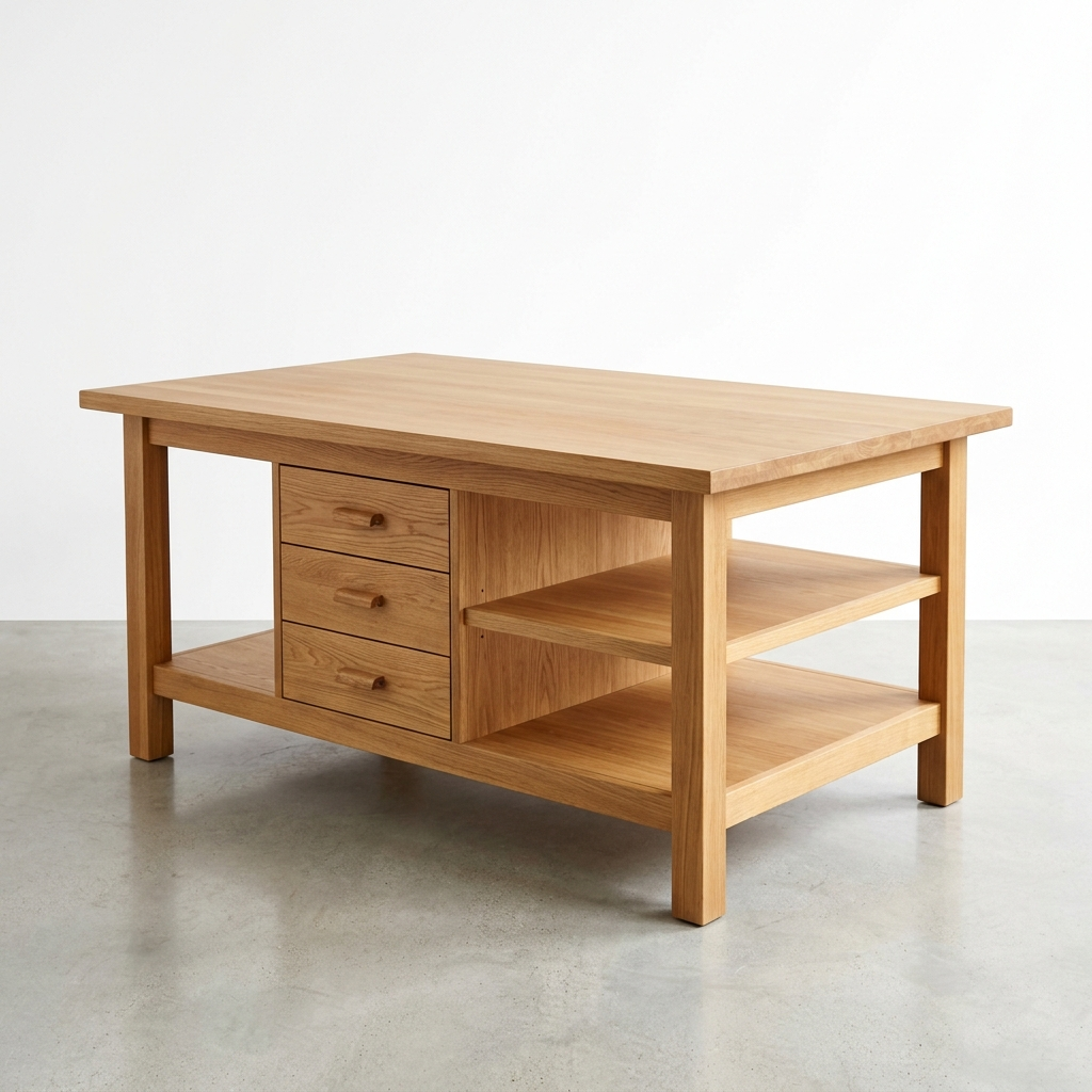 Large wooden craft table with built-in storage drawers below, shown on clean white background