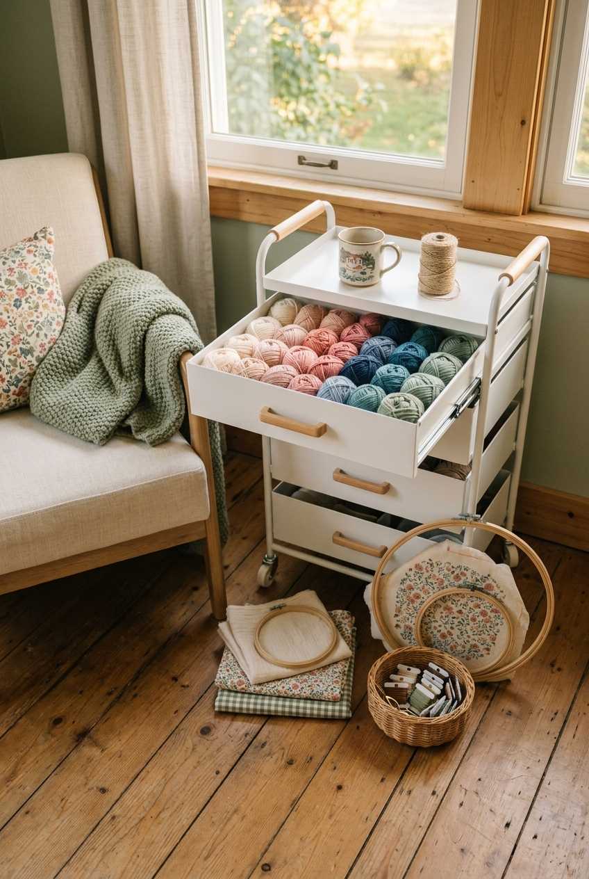White rolling storage cart with colorful yarn organized by color beside a cozy bedroom chair