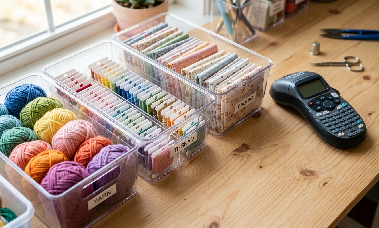 Craft supplies sorted into clear labeled bins on a wooden table with yarn floss and fabric swatches
