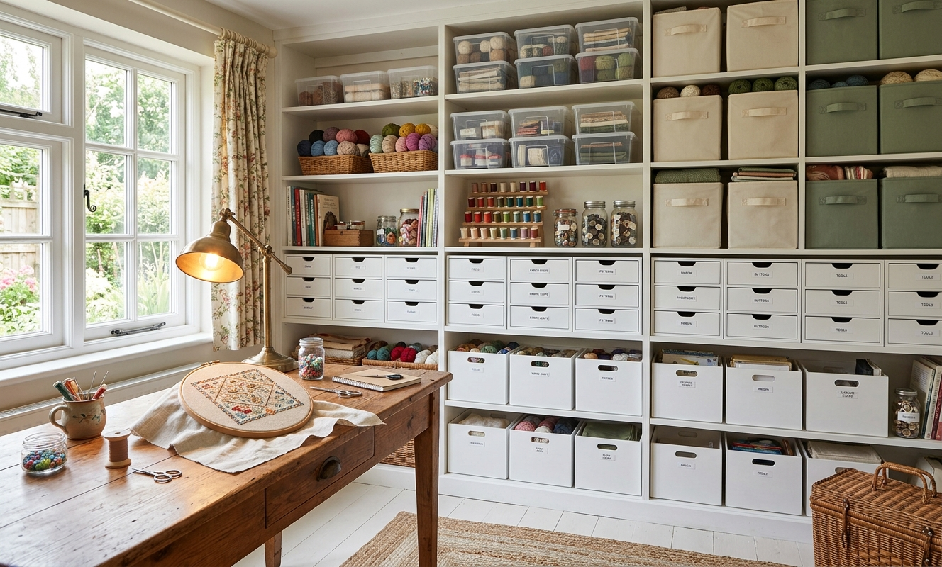 Dreamy organized craft room with modular white drawer units shelving and cross stitch project on desk