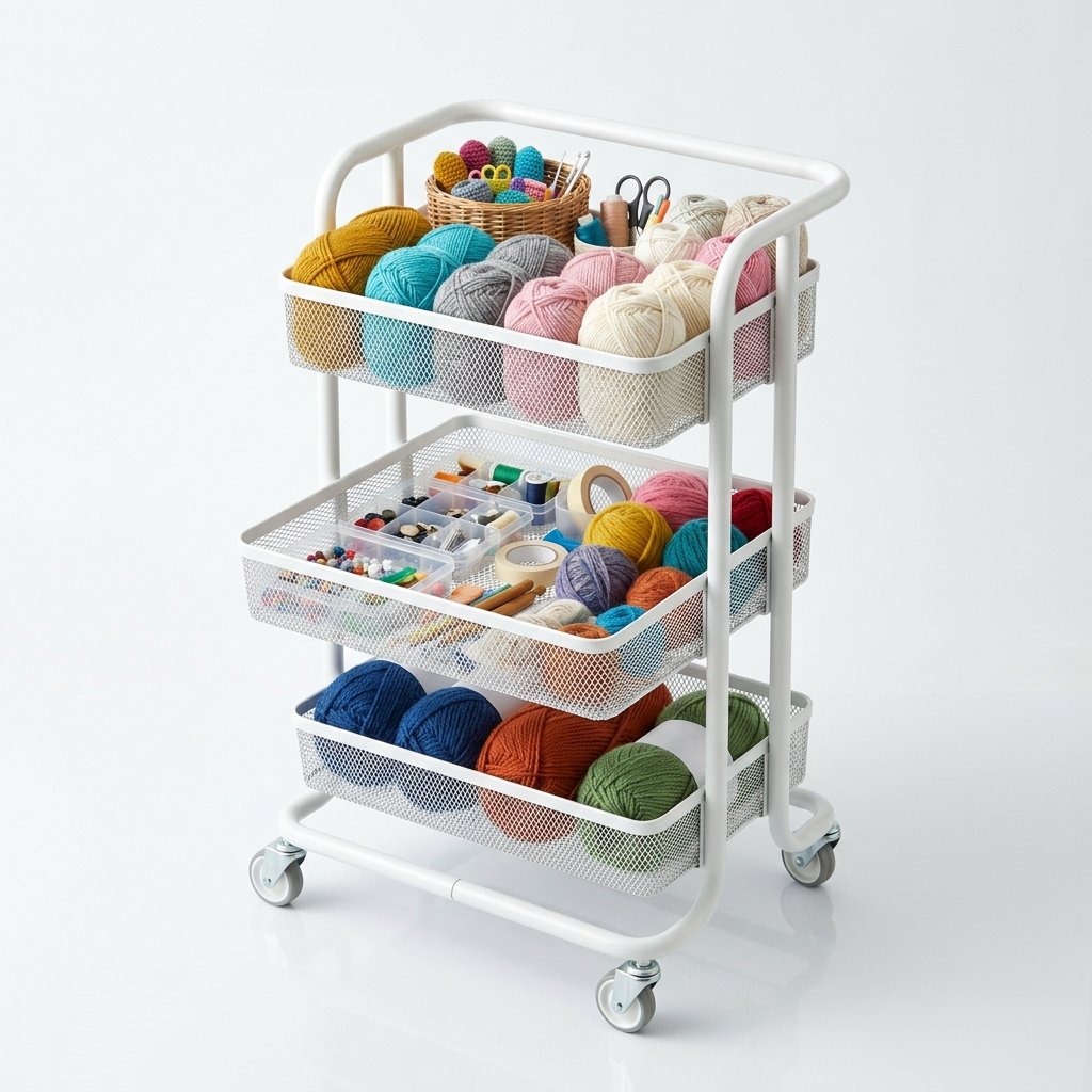 White three-tier rolling storage cart with open drawers showing organized colorful yarn and craft supplies