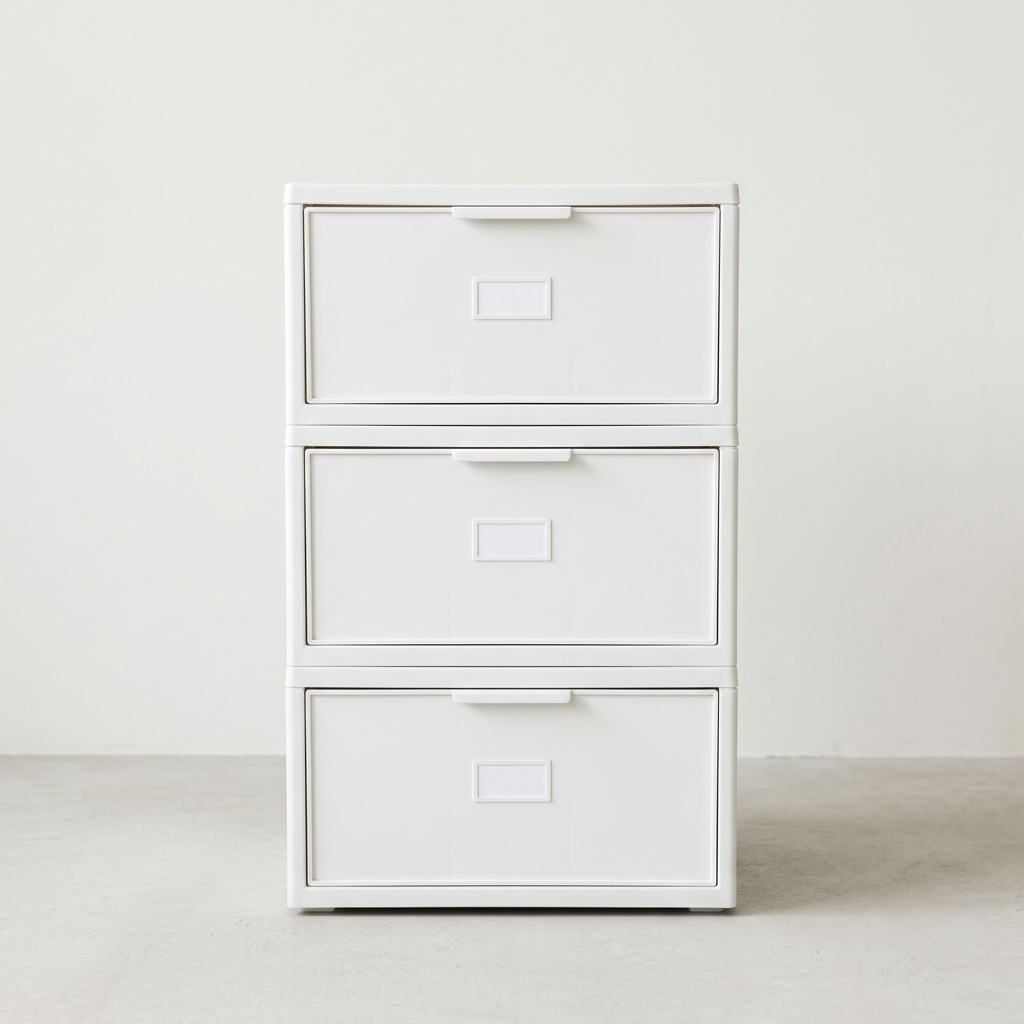 White stackable modular drawer storage units stacked neatly with labels on a light background