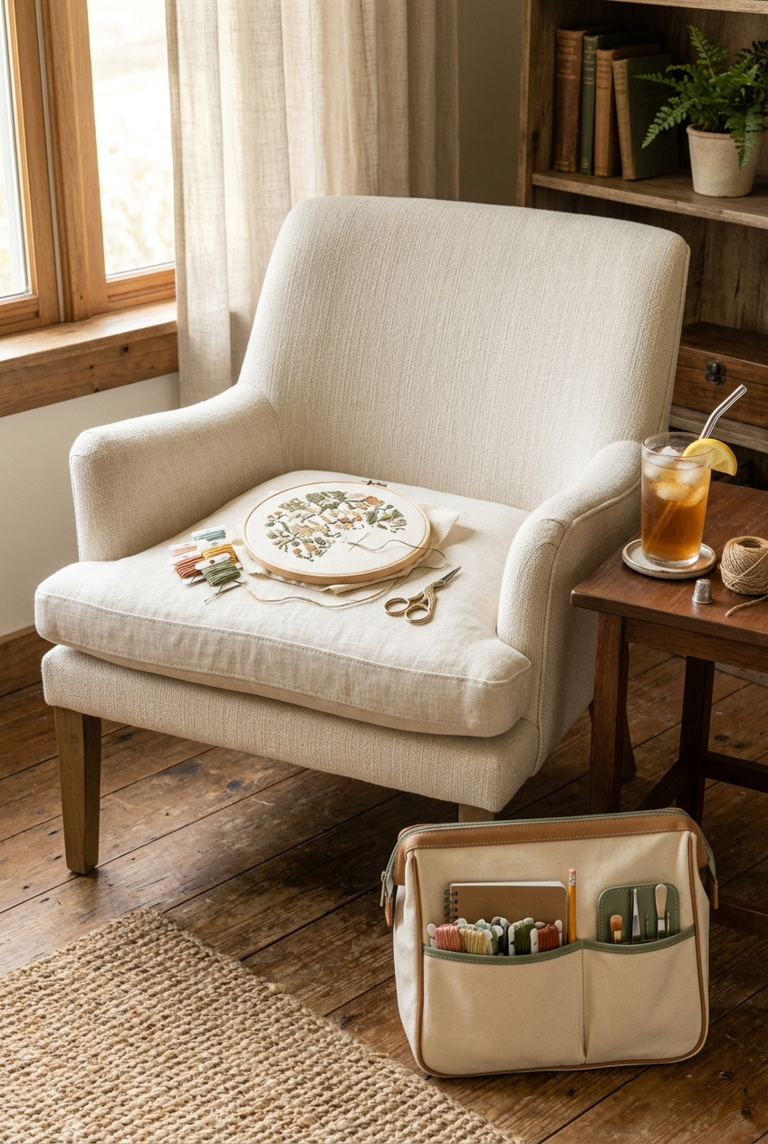 Cozy cross stitch stitching corner with upholstered chair, project bag, and afternoon window light
