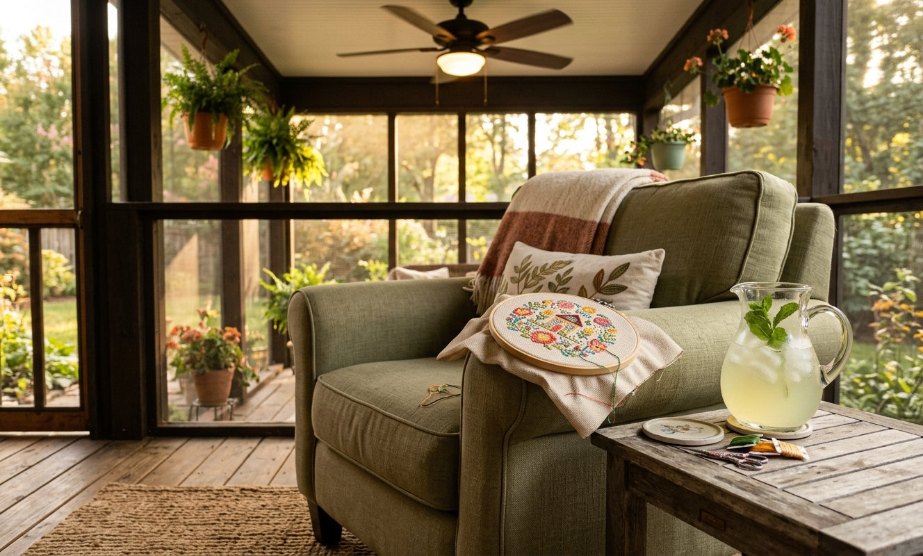 Screened porch stitching space with cross stitch project, ceiling fan, and pitcher of lemonade in afternoon light