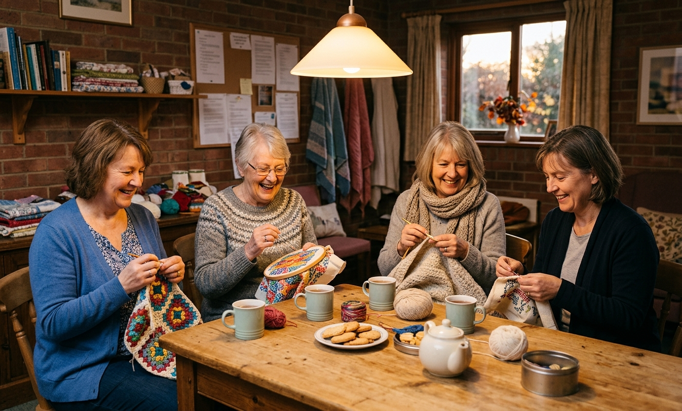 Women gathered around a table in a church hall stitching and crocheting together at a monthly craft group