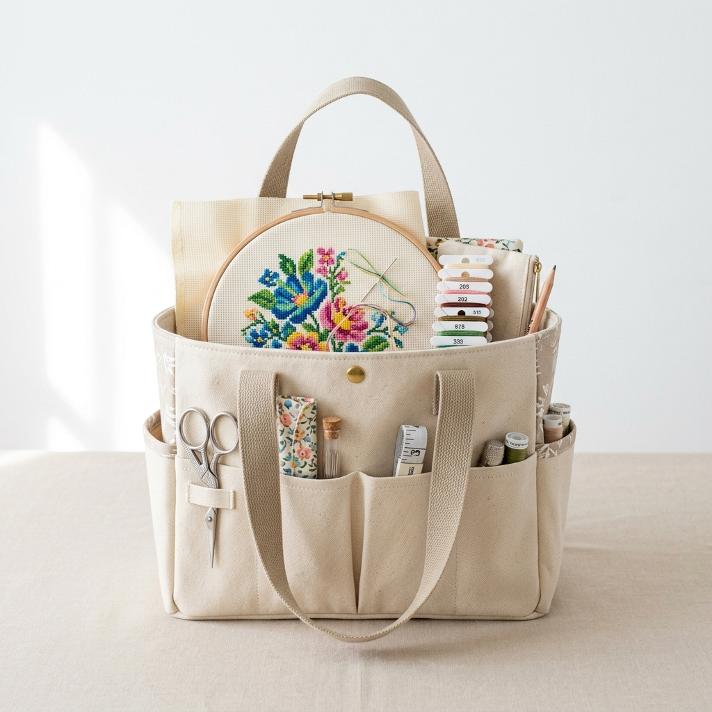 Open craft tote bag with cross stitch project, scissors, and organized supply pockets on clean white surface