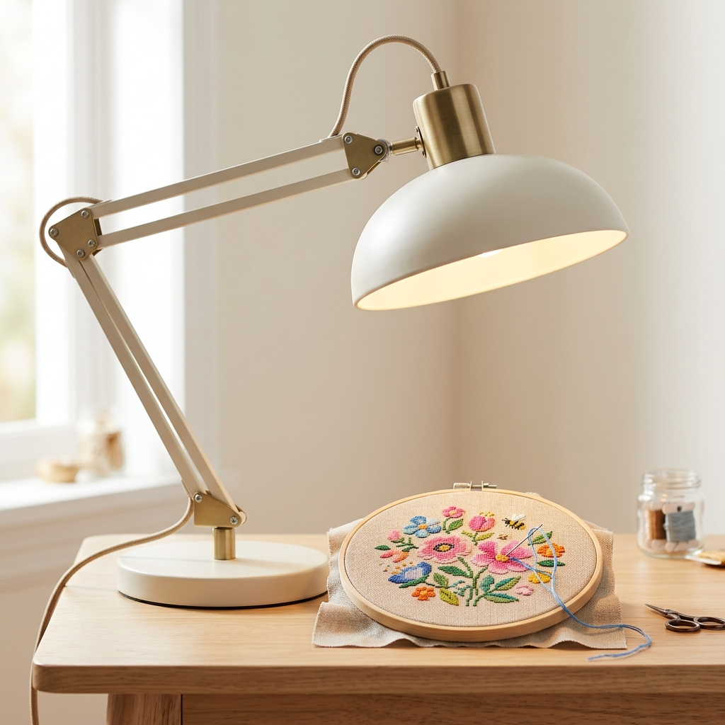Daylight craft desk lamp illuminating a cross stitch hoop on a clean cream craft table surface