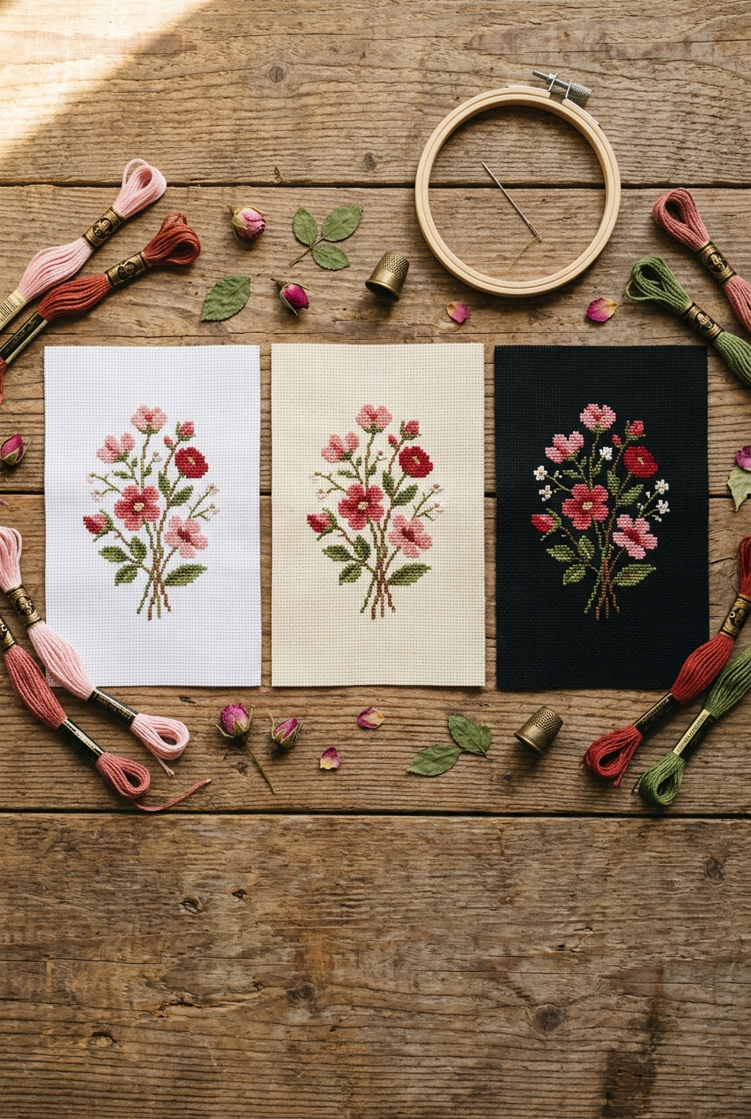 Three pieces of Aida cloth in white, cream, and black with matching floral cross stitch, showing fabric color contrast