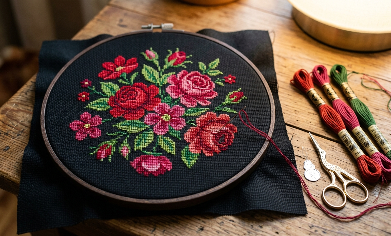 Floral cross stitch in progress on black Aida cloth, red and pink blooms against dark background with vivid contrast
