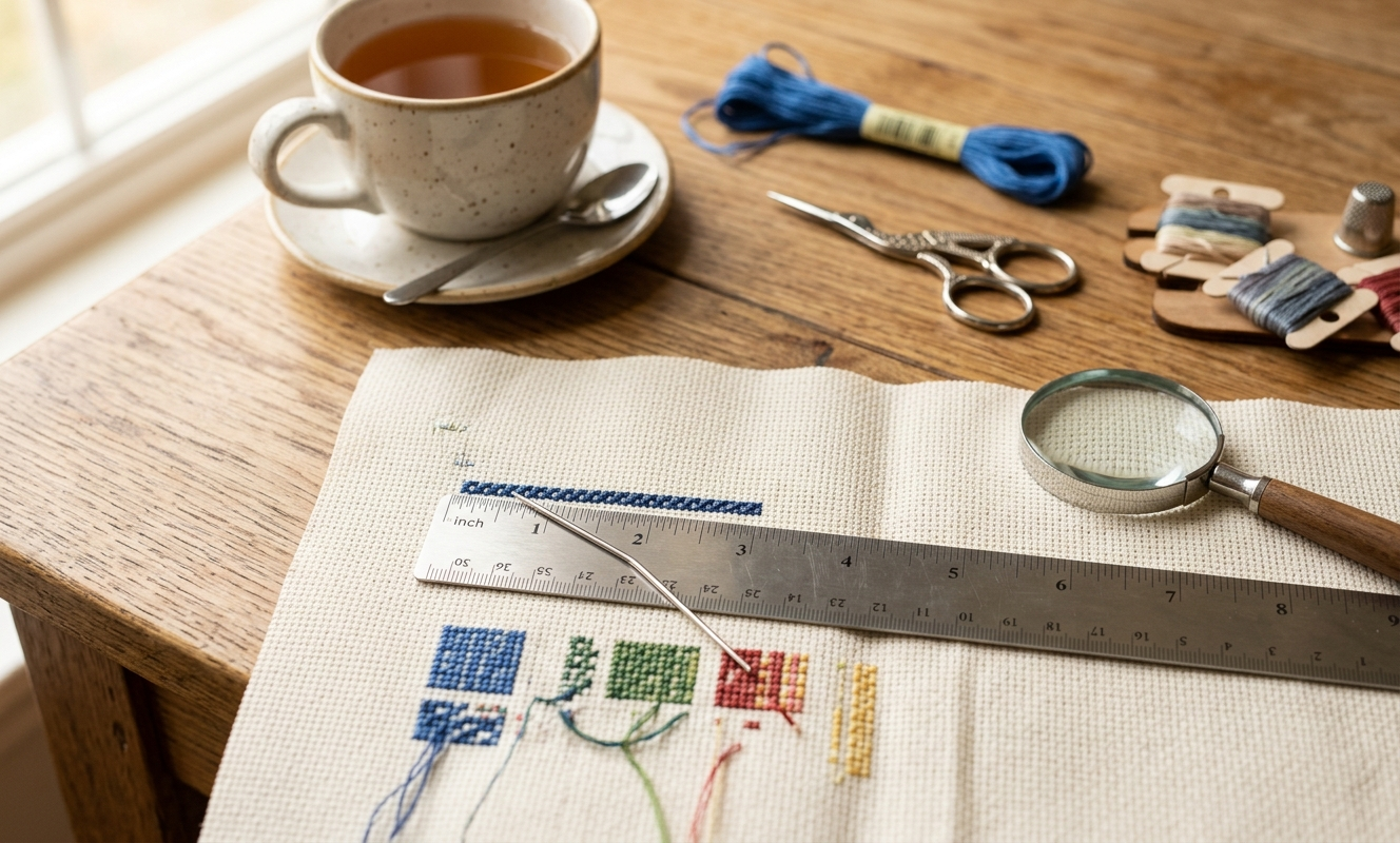 Ruler and blunt needle counting Aida cloth holes at one-inch mark with magnifying glass, fabric count identification method