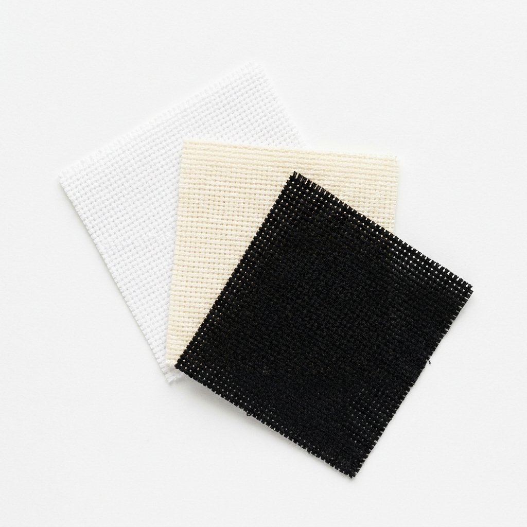 Three Aida cloth swatches in white, cream, and black fanned out on white background showing fabric weave texture