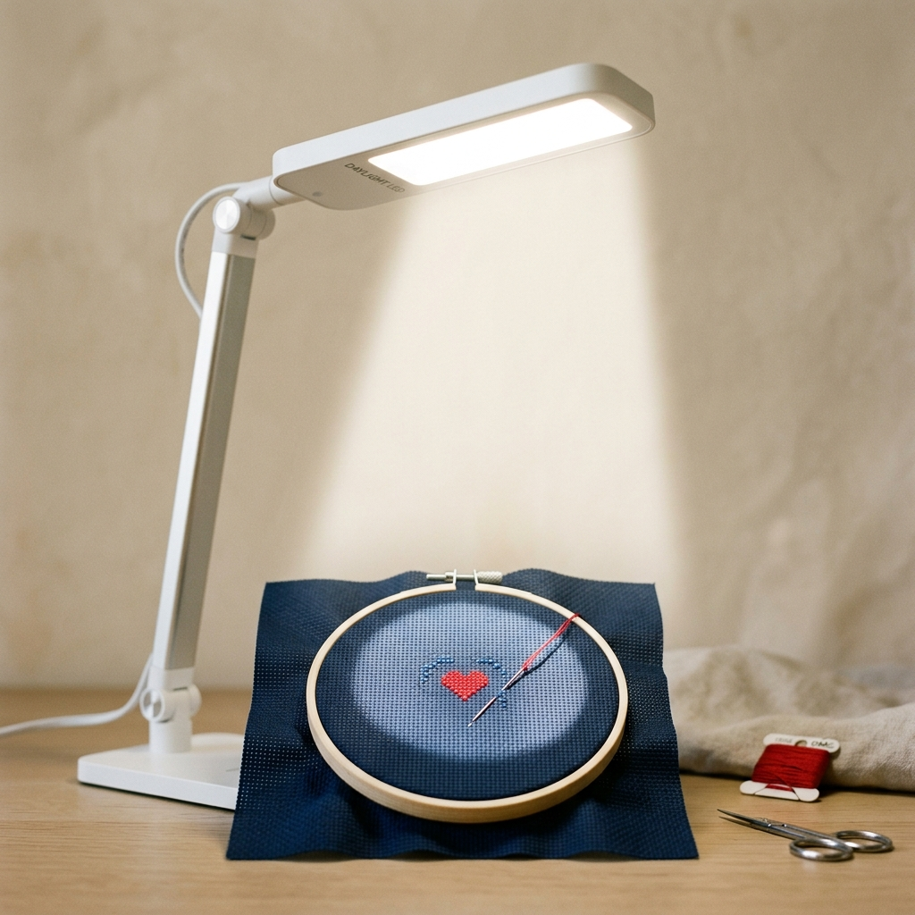 Daylight LED craft lamp illuminating dark navy Aida cloth in embroidery hoop, holes clearly visible in bright light