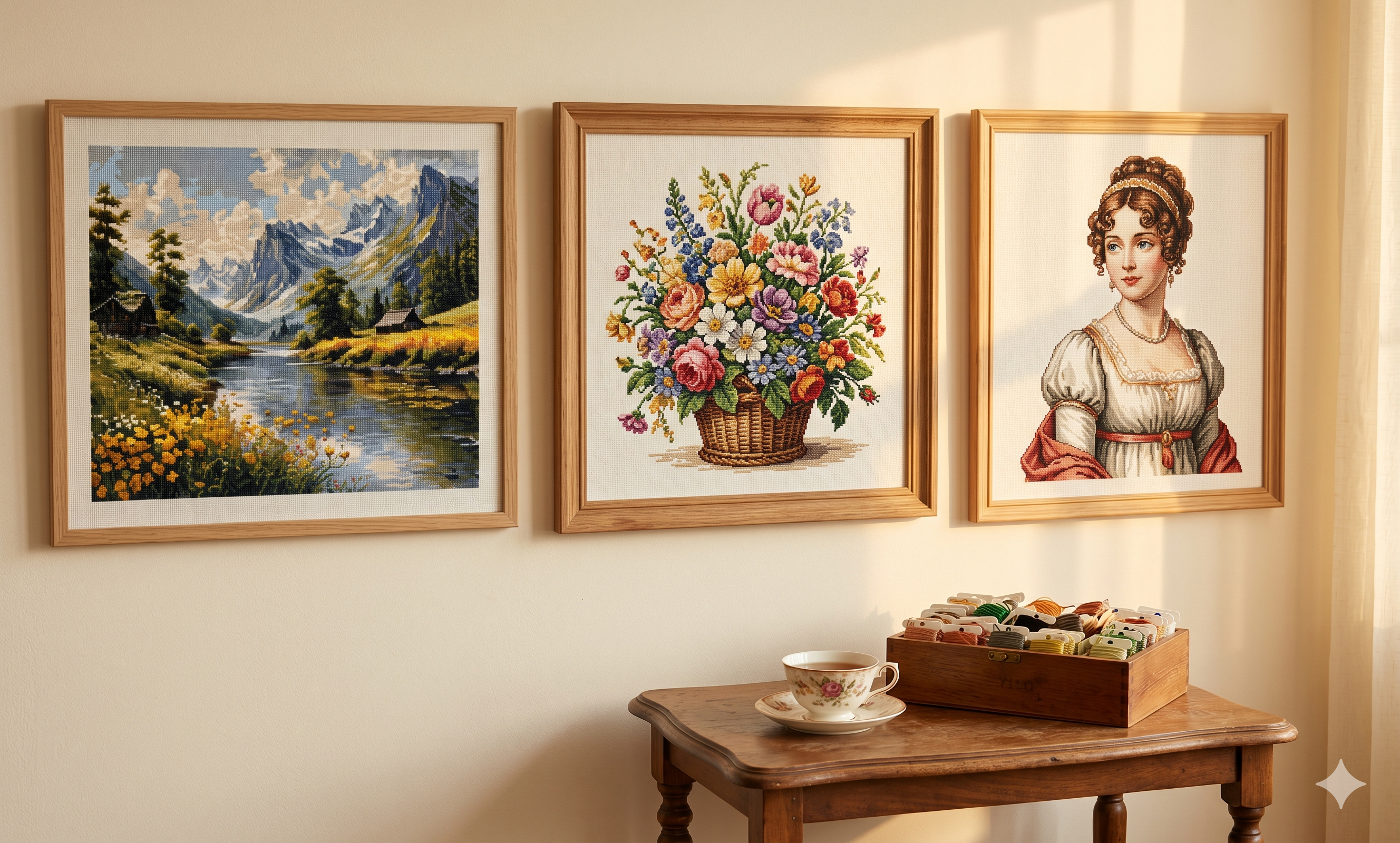 Gallery wall of finished framed cross stitch pieces — landscape, floral, and portrait