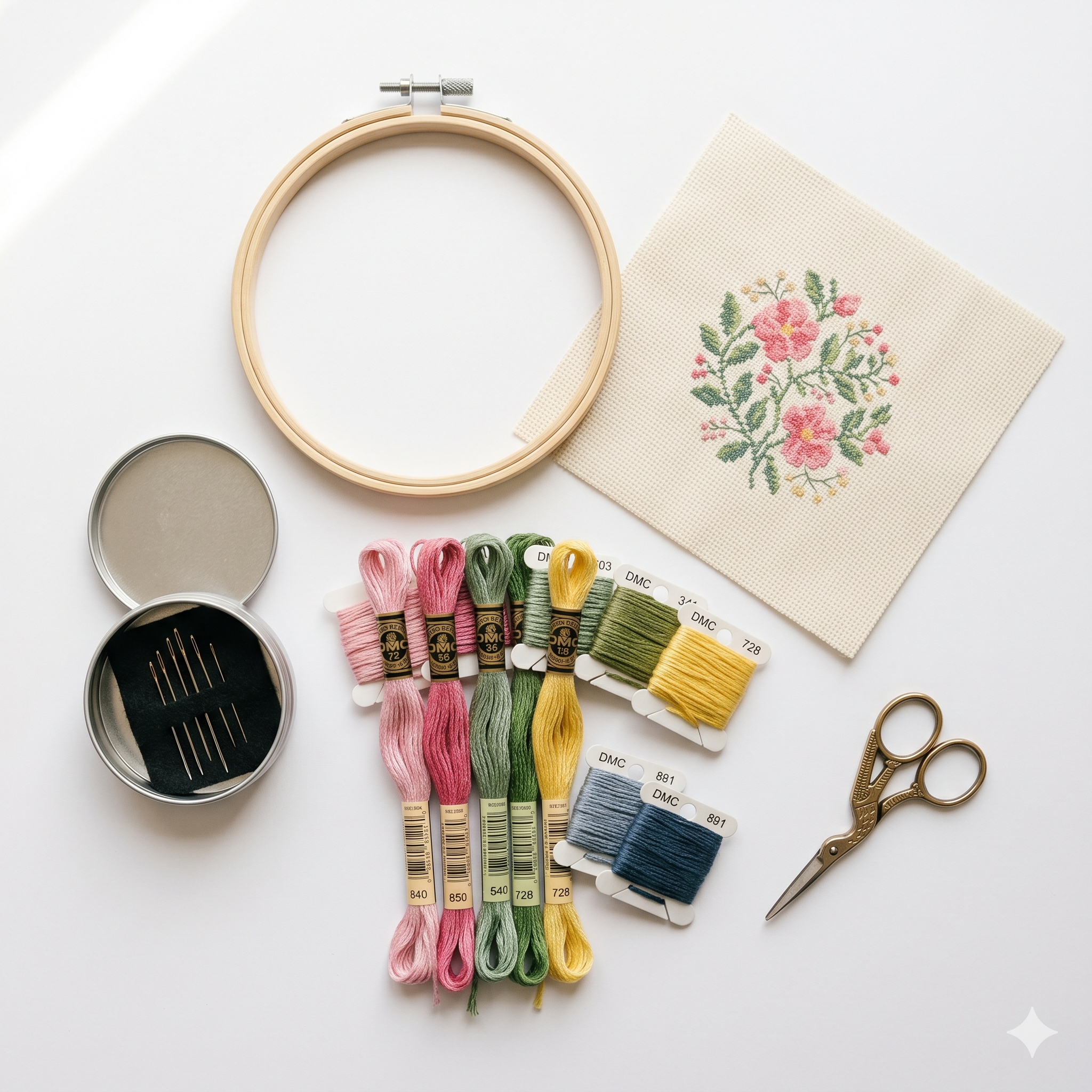 Beginner cross stitch kit with hoop and Aida cloth