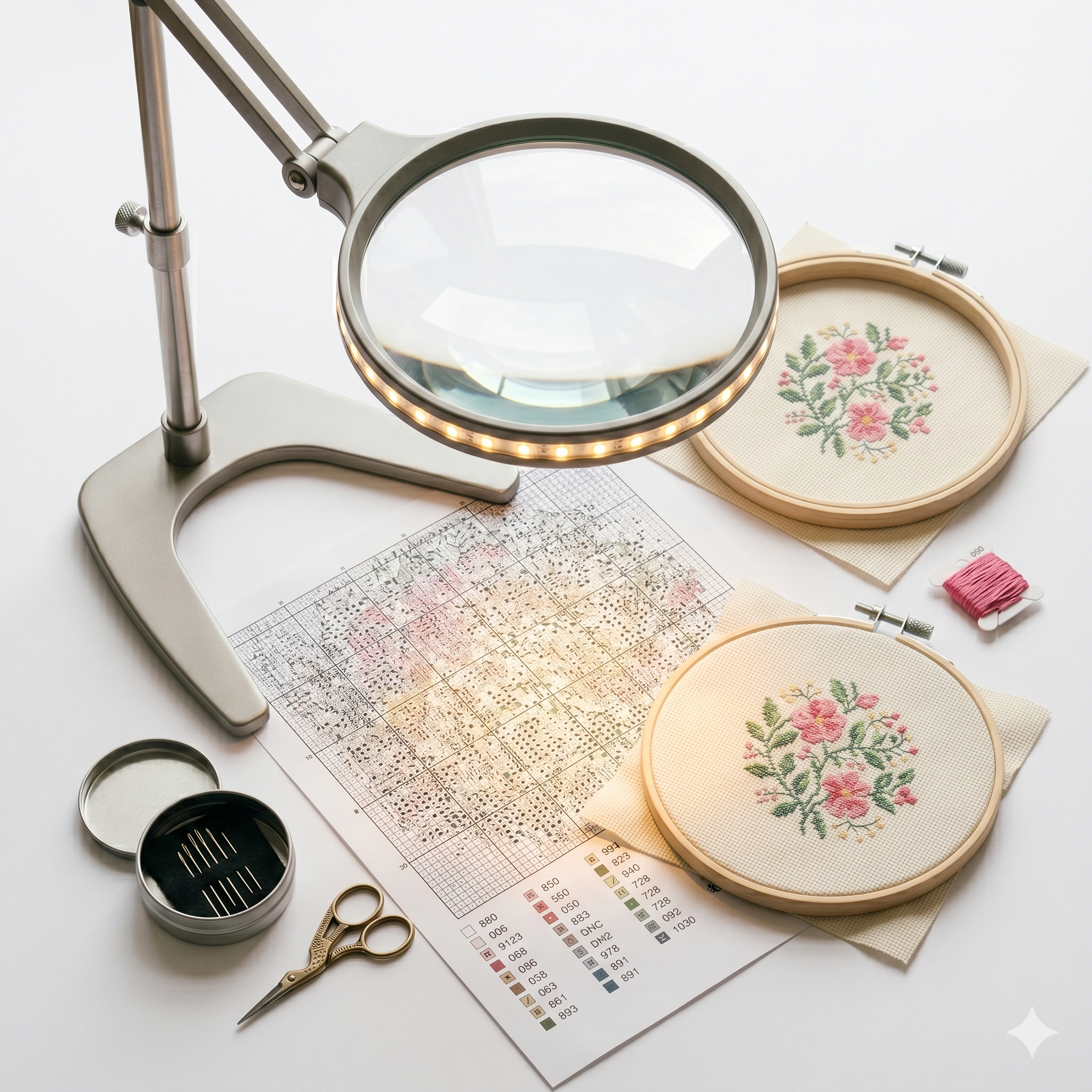 Lighted floor magnifier for cross stitch detail work