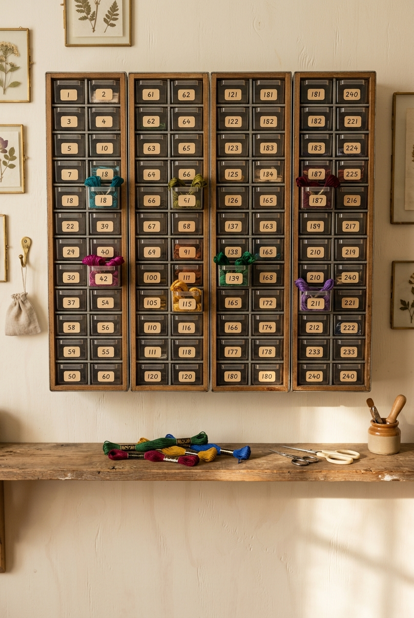 Wall-mounted 60-drawer storage cabinets filled with organized DMC embroidery floss skeins in warm craft room light