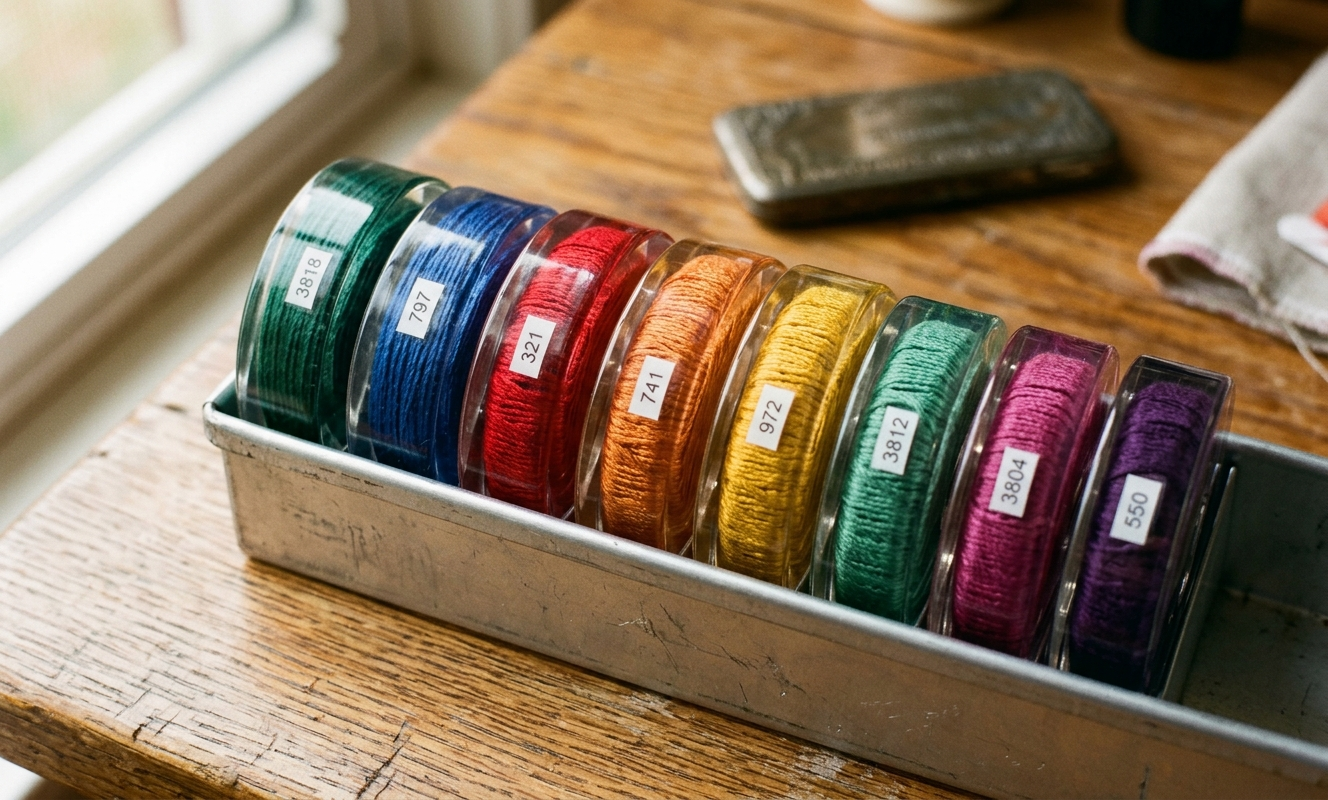 Clear acrylic embroidery floss bobbins with color swatches organized in a metal cabinet insert tray, warm light