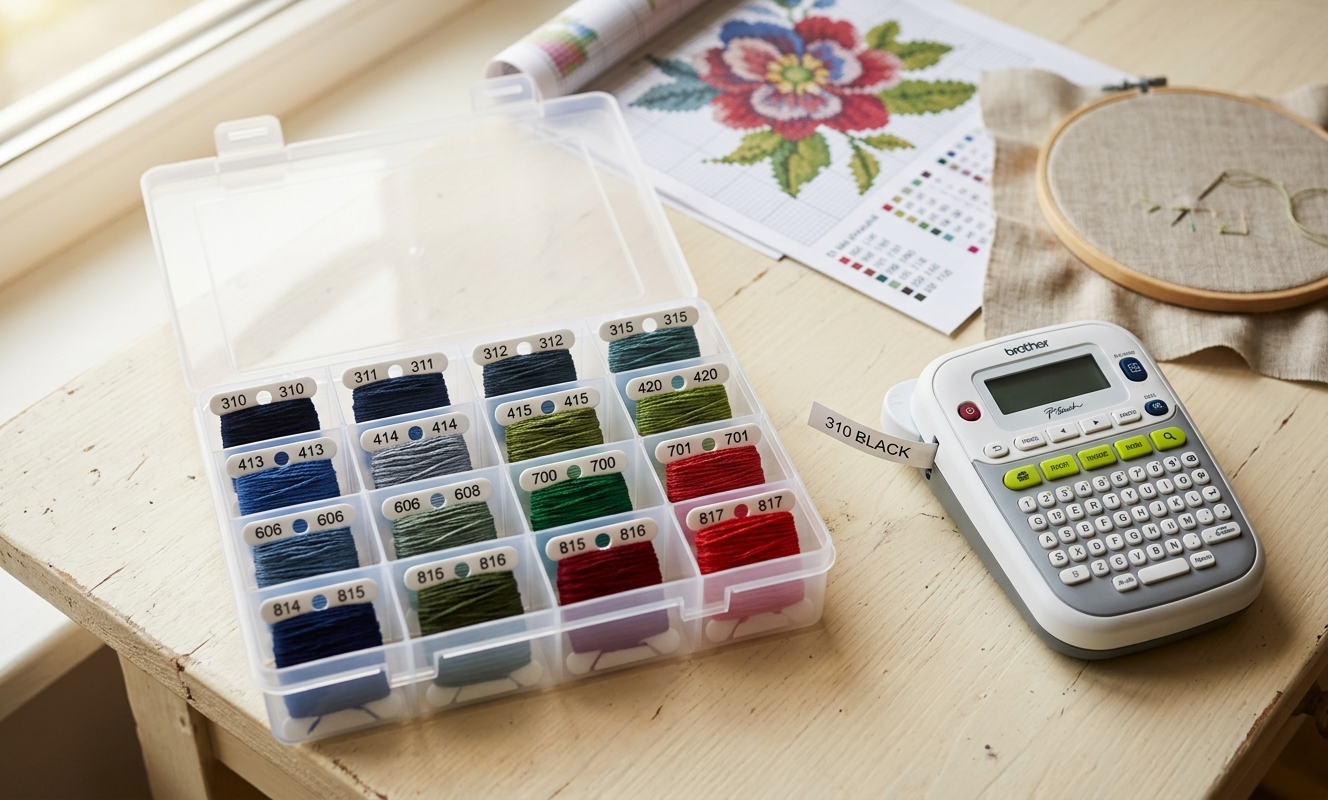 Open cross stitch project box with labeled DMC bobbins beside a label maker and stitching pattern chart