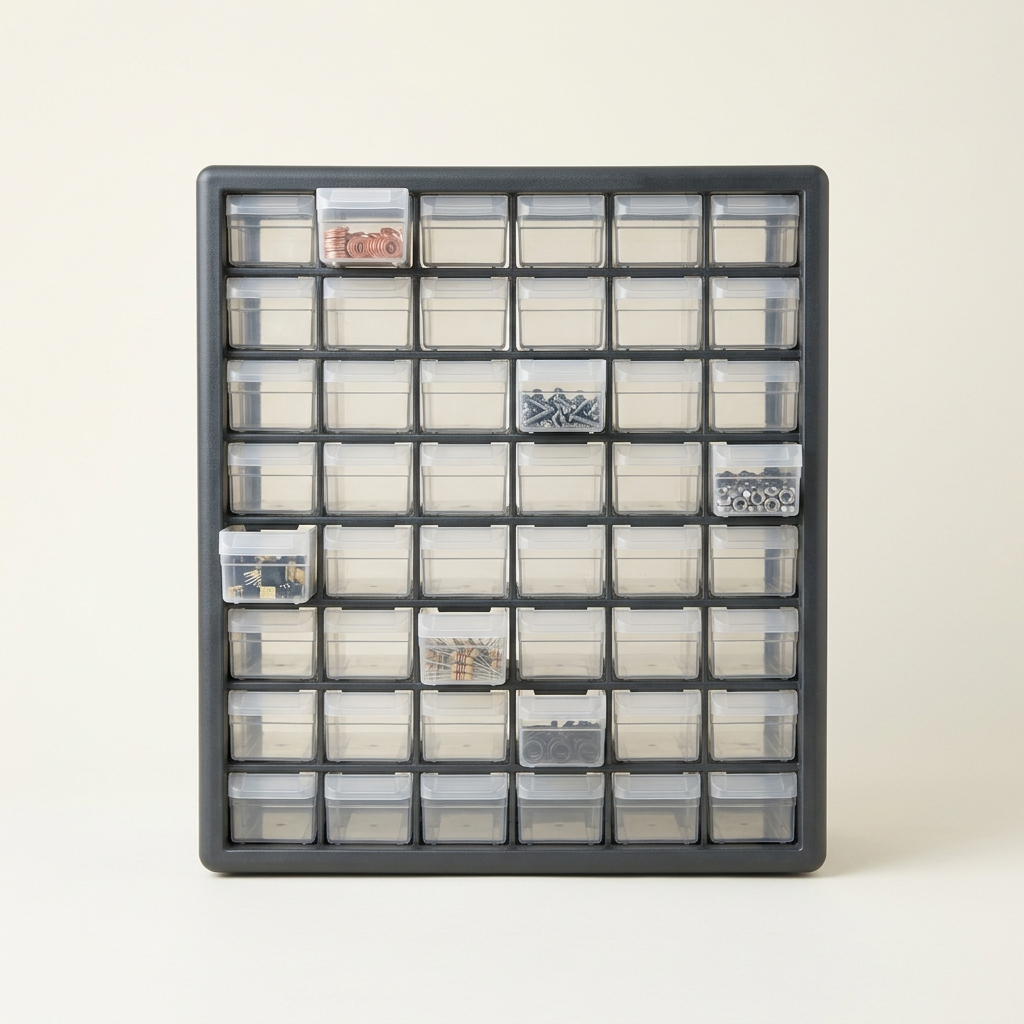 60-drawer small parts organizer cabinet with open drawers showing organized flat contents on white background