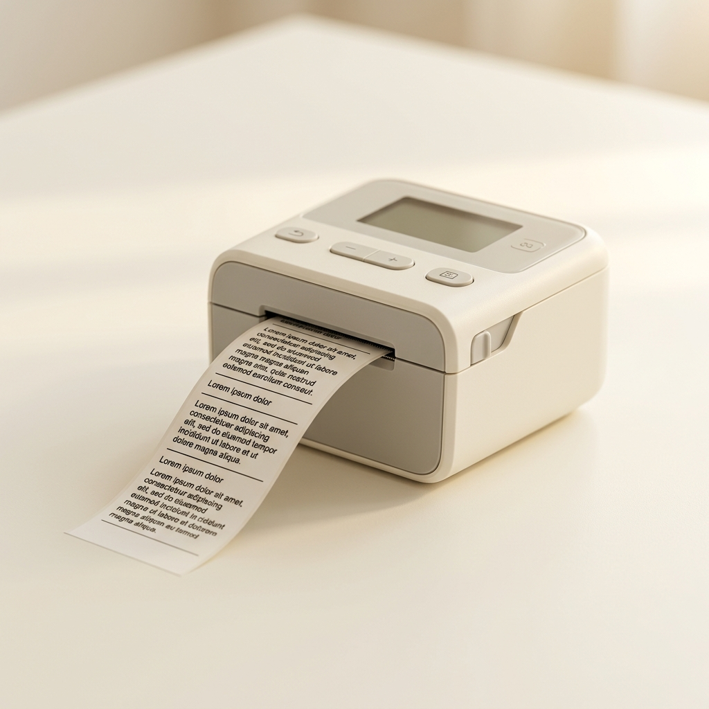 Compact electronic label maker with printed label strip on clean cream surface in soft natural light