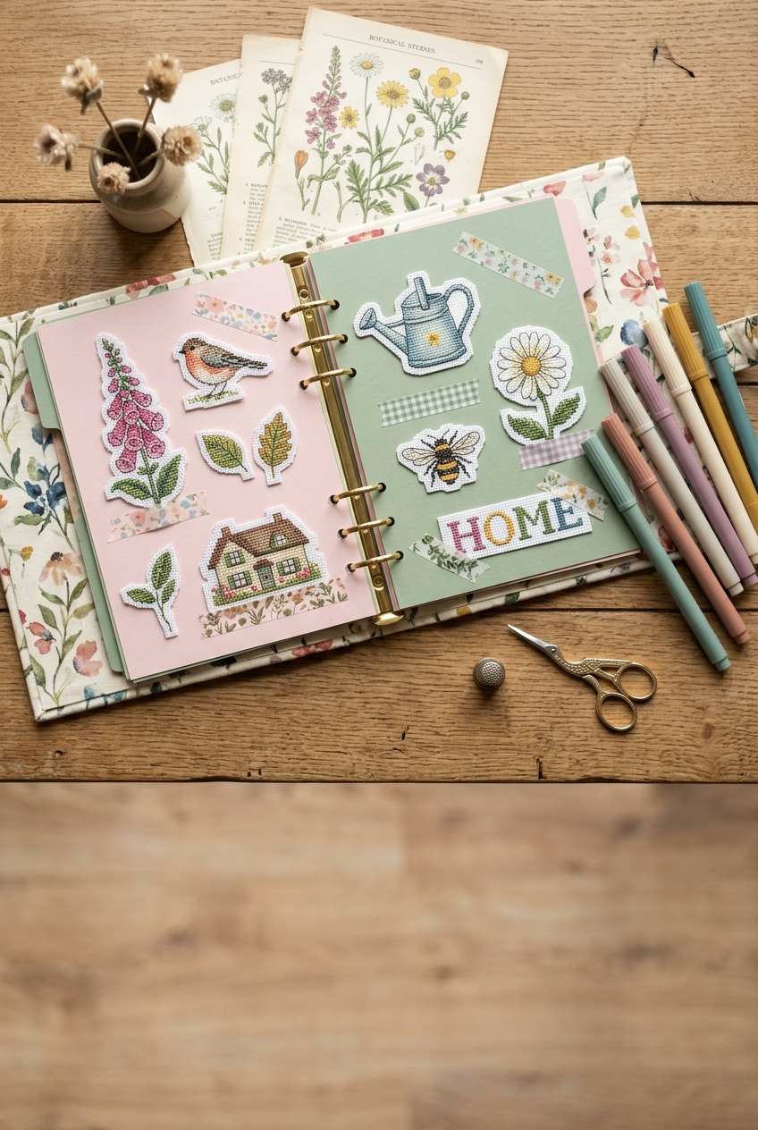 Open decorative binder with colorful cross stitch pattern cutouts on pastel pages and fine-tip markers on a warm wooden desk