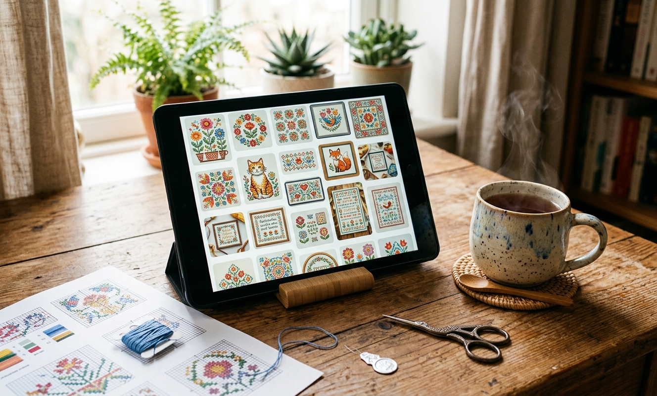 Phone showing a Pinterest cross stitch wish list board on a wooden table beside a cup of tea and printed patterns