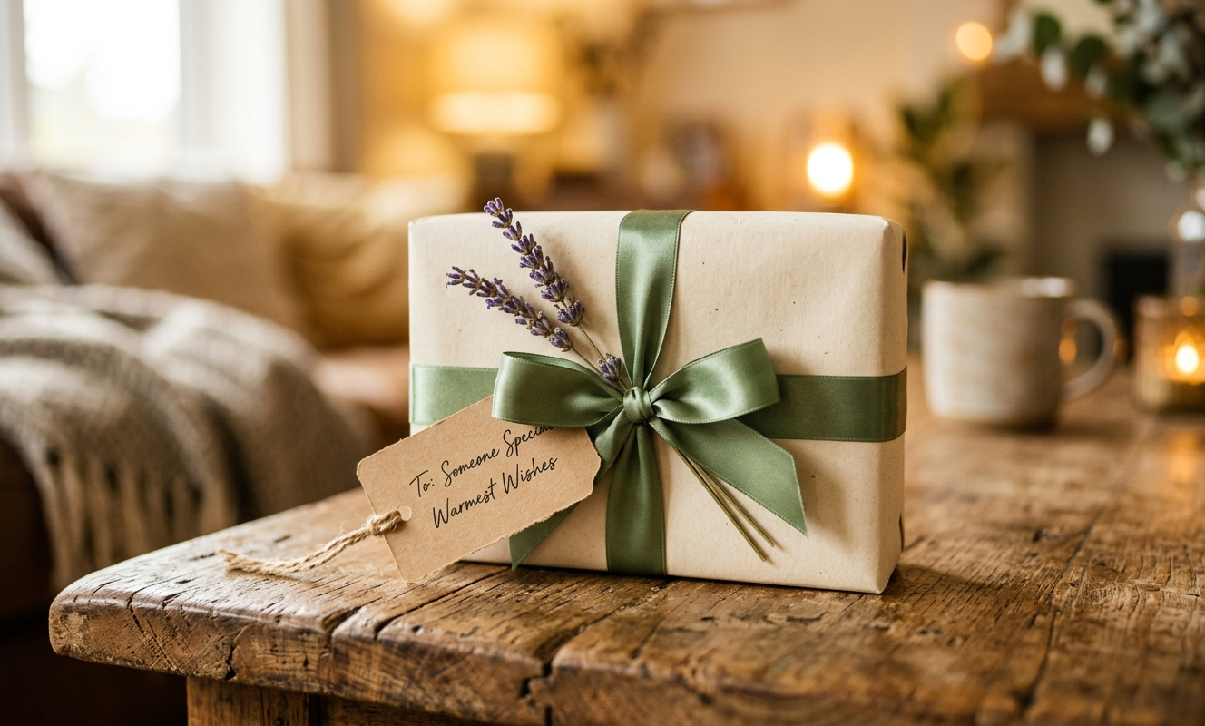 A beautifully wrapped cross stitch pattern gift in kraft paper with ribbon and dried lavender on a warm wooden surface