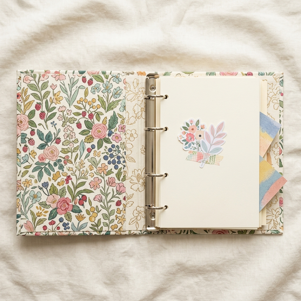 Open decorative floral ring binder with pastel pages on a cream linen surface in soft natural light