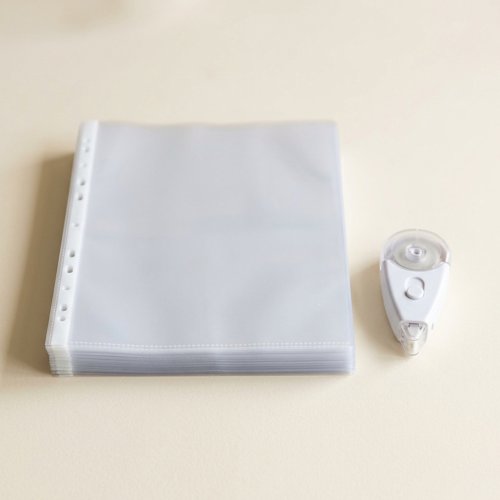 Clear sheet protectors stacked beside an adhesive dispenser on a clean cream surface in soft natural light