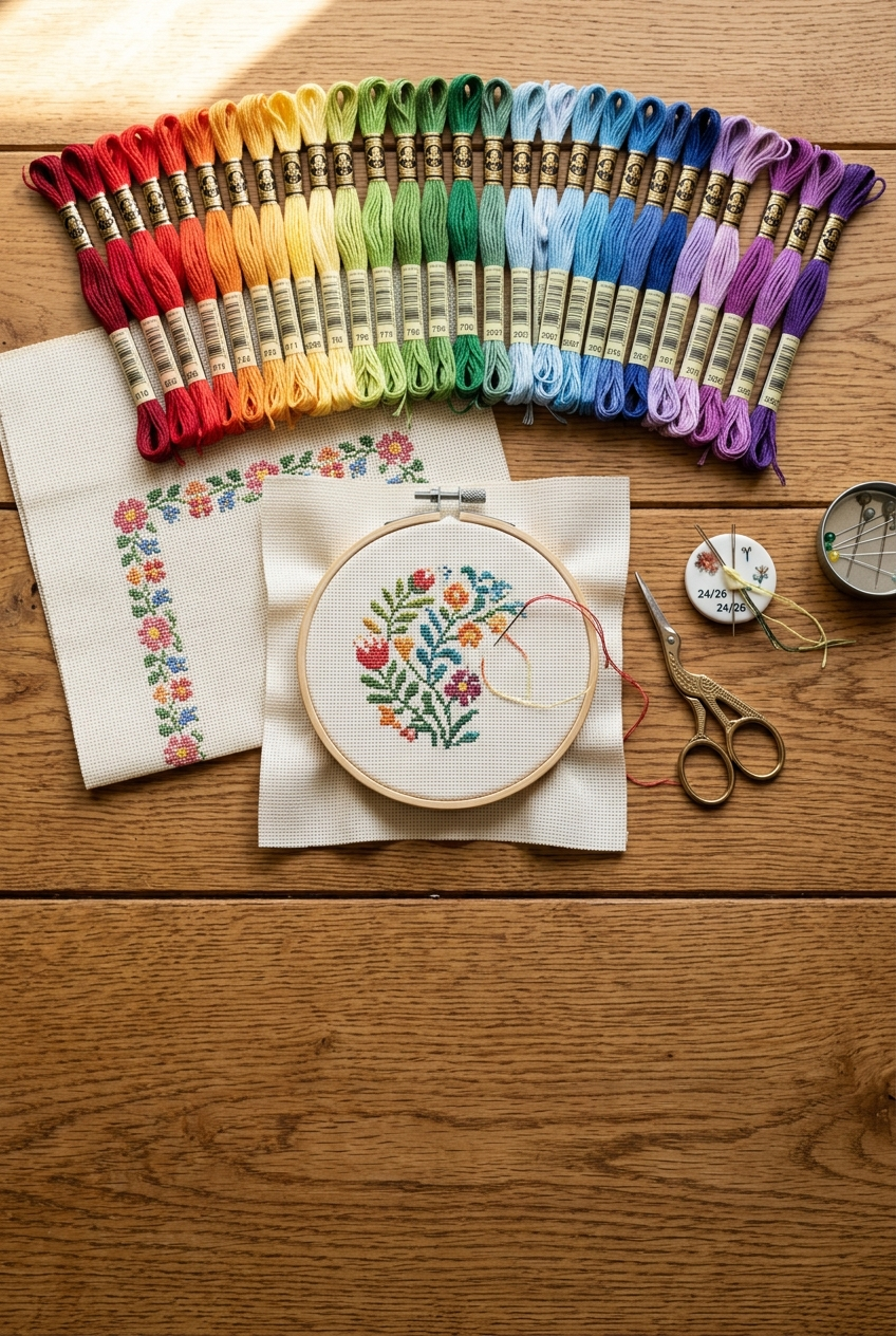 Cross stitch glossary supplies including DMC floss, Aida cloth, and wooden embroidery hoop on table