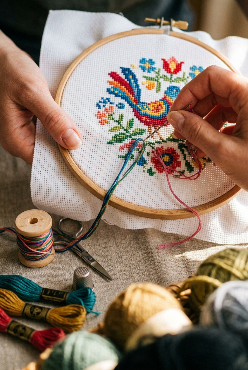 Hands working counted cross stitch on Aida cloth in a wooden hoop with colorful floss