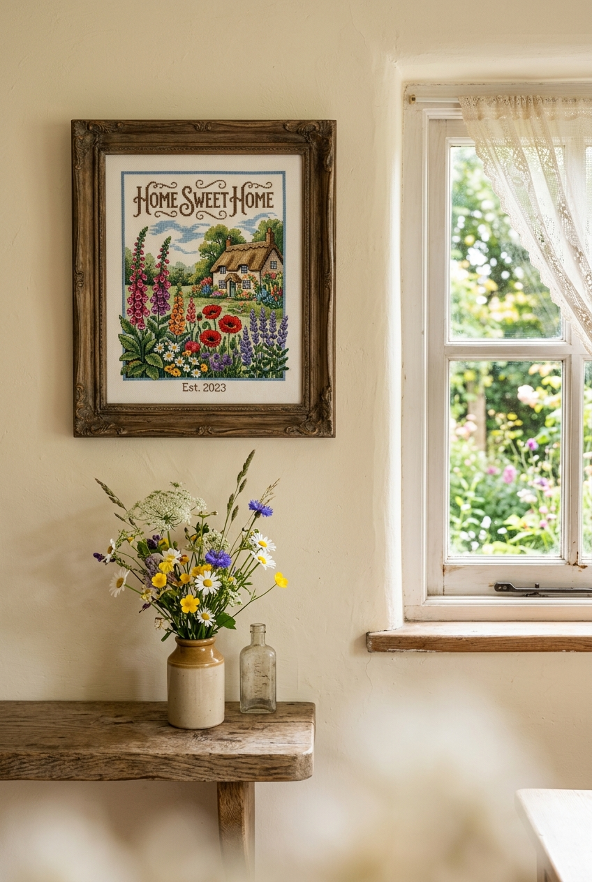 Finished framed cross stitch wall art displayed in a cozy cottage room with natural light
