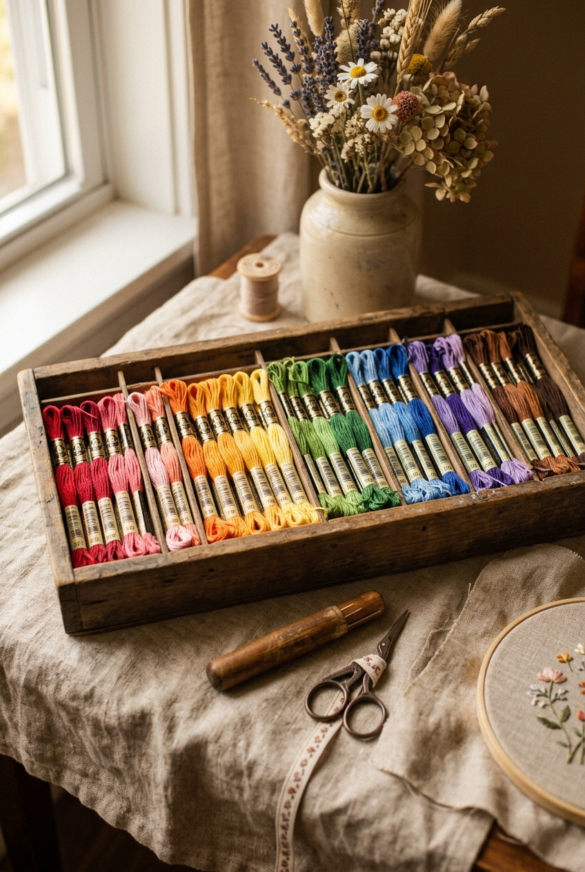DMC embroidery floss skeins organized by color in a wooden tray for cross stitch