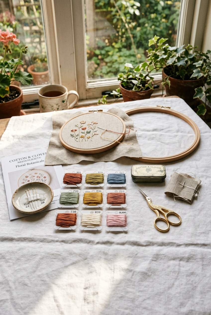 Cross stitch supplies kit with hoops, scissors, needles, and bobbins on linen surface